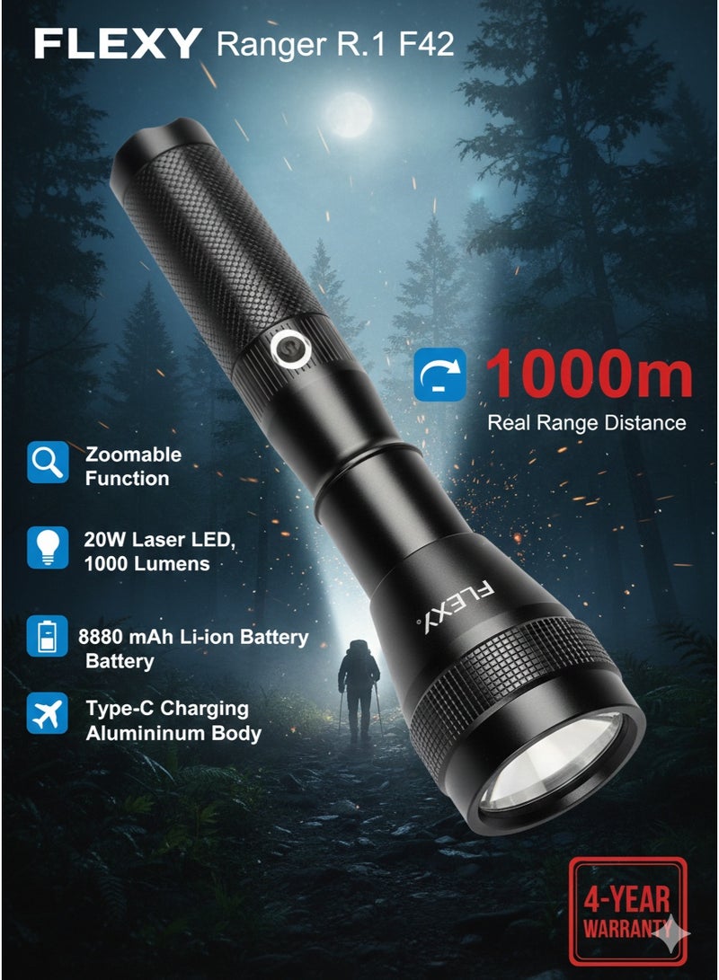 Flexy RANGER R.1 F42 Rechargeable Laser LED Zoomable Flashlight 20W 1000 Lumens 1000m Range Type-C 8000mAh Aerospace Aluminium 4-Year Warranty - Image 4